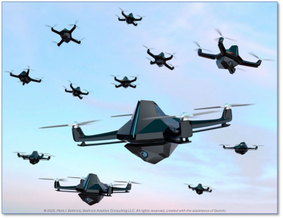 A swarm of drones in flight